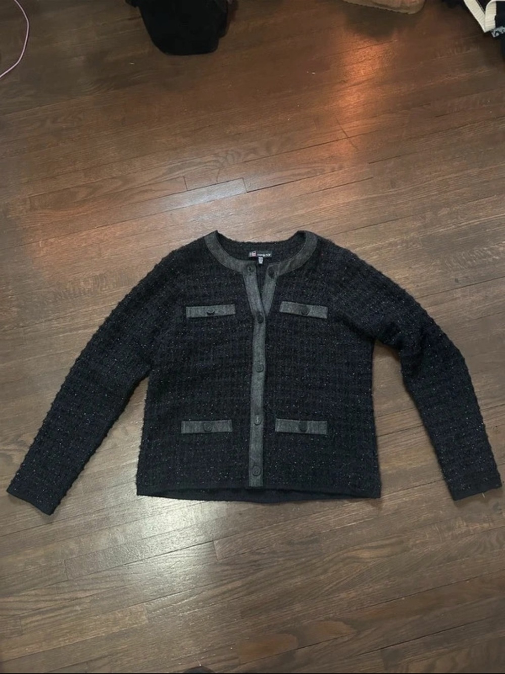 Classic Black Textured Button-Front Tweed Jacket